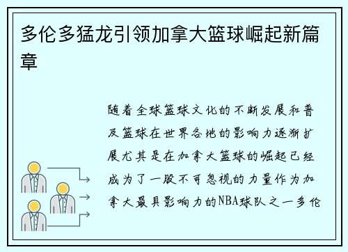 多伦多猛龙引领加拿大篮球崛起新篇章